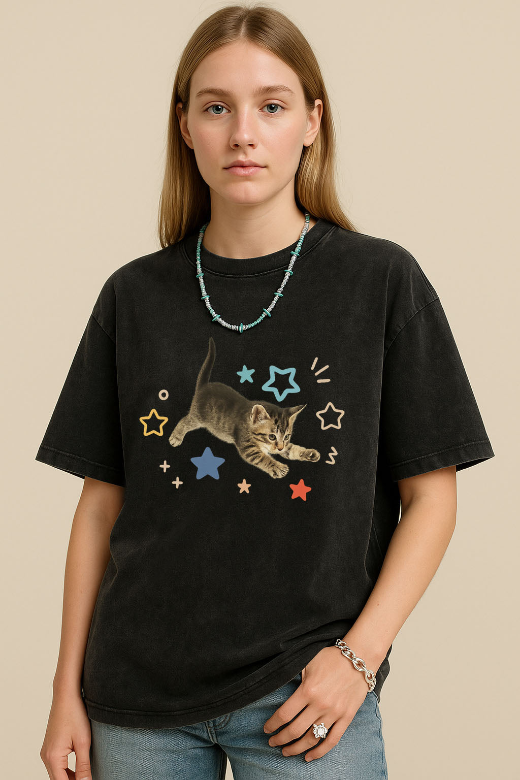 Jumping Kitten Star Print T-Shirt