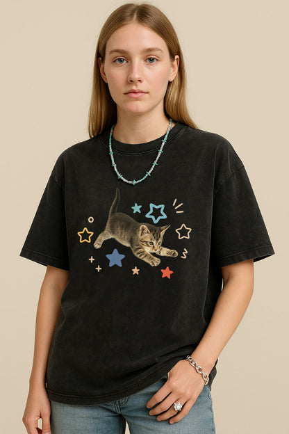 Jumping Kitten Star Print T-Shirt