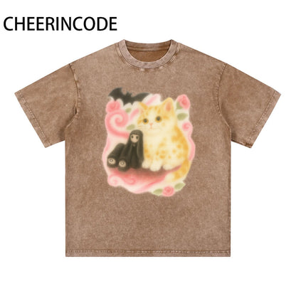 Cute Cat & Gothic Doll Print T-Shirt