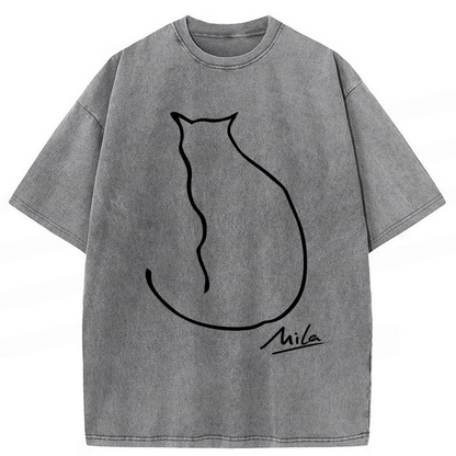 🐾 Mila Cat Line Art Washed T-Shirt