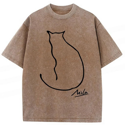 🐾 Mila Cat Line Art Washed T-Shirt