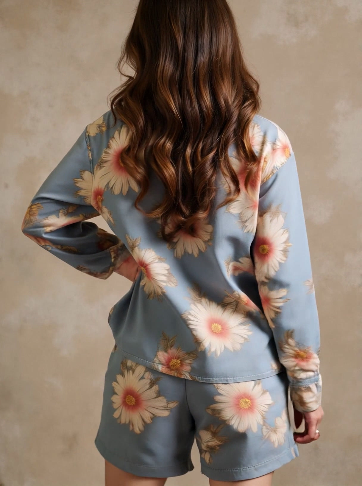 Women's Spring/Summer Casual Everyday Floral Print Long Sleeve Shirt With Low Rise Shorts Two Piece Set