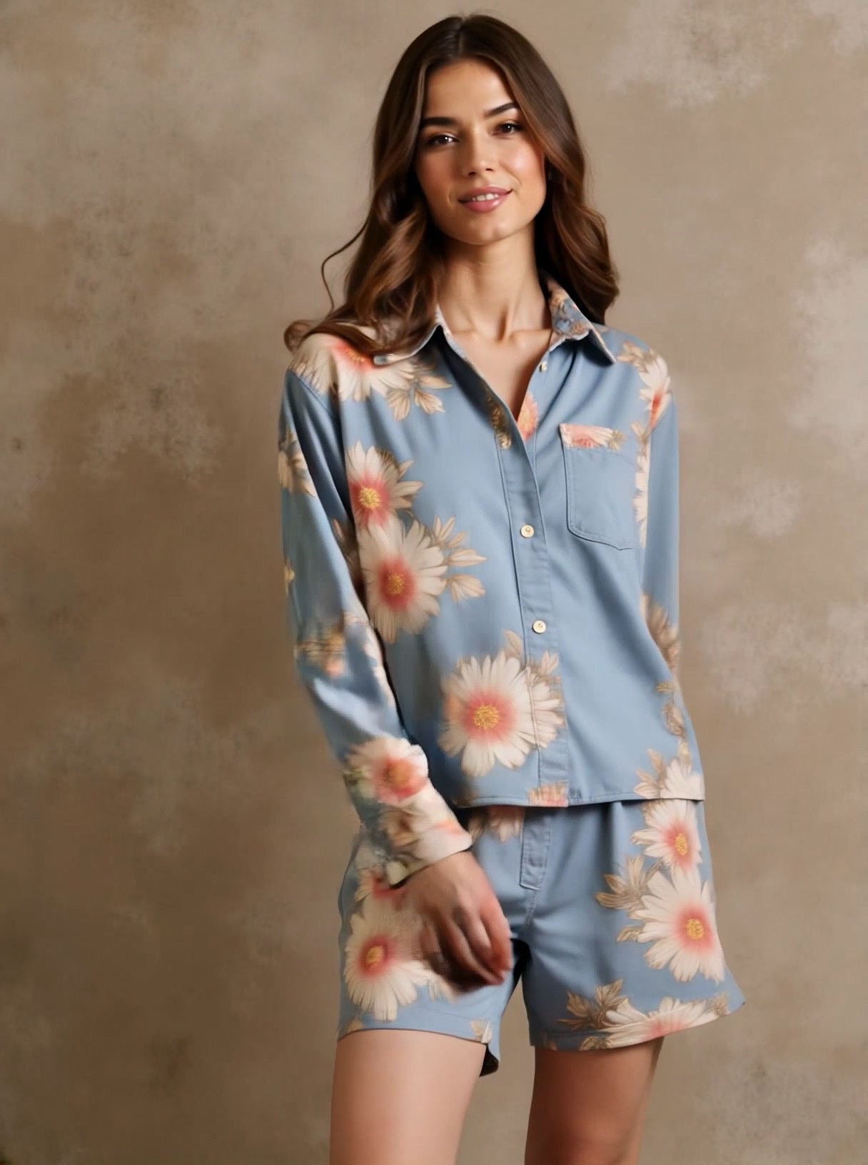 Women's Spring/Summer Casual Everyday Floral Print Long Sleeve Shirt With Low Rise Shorts Two Piece Set