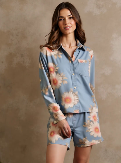 Women's Spring/Summer Casual Everyday Floral Print Long Sleeve Shirt With Low Rise Shorts Two Piece Set