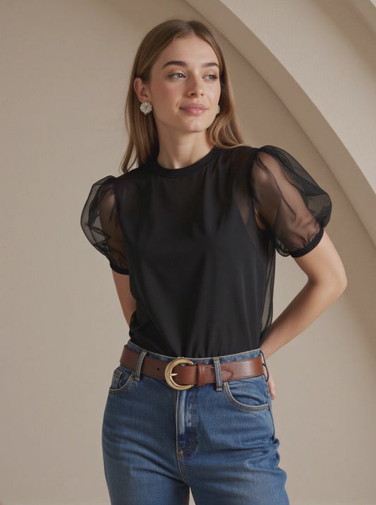 Women's Black Round Neck Mesh Sleeve Business Casual Summer T-Shirt